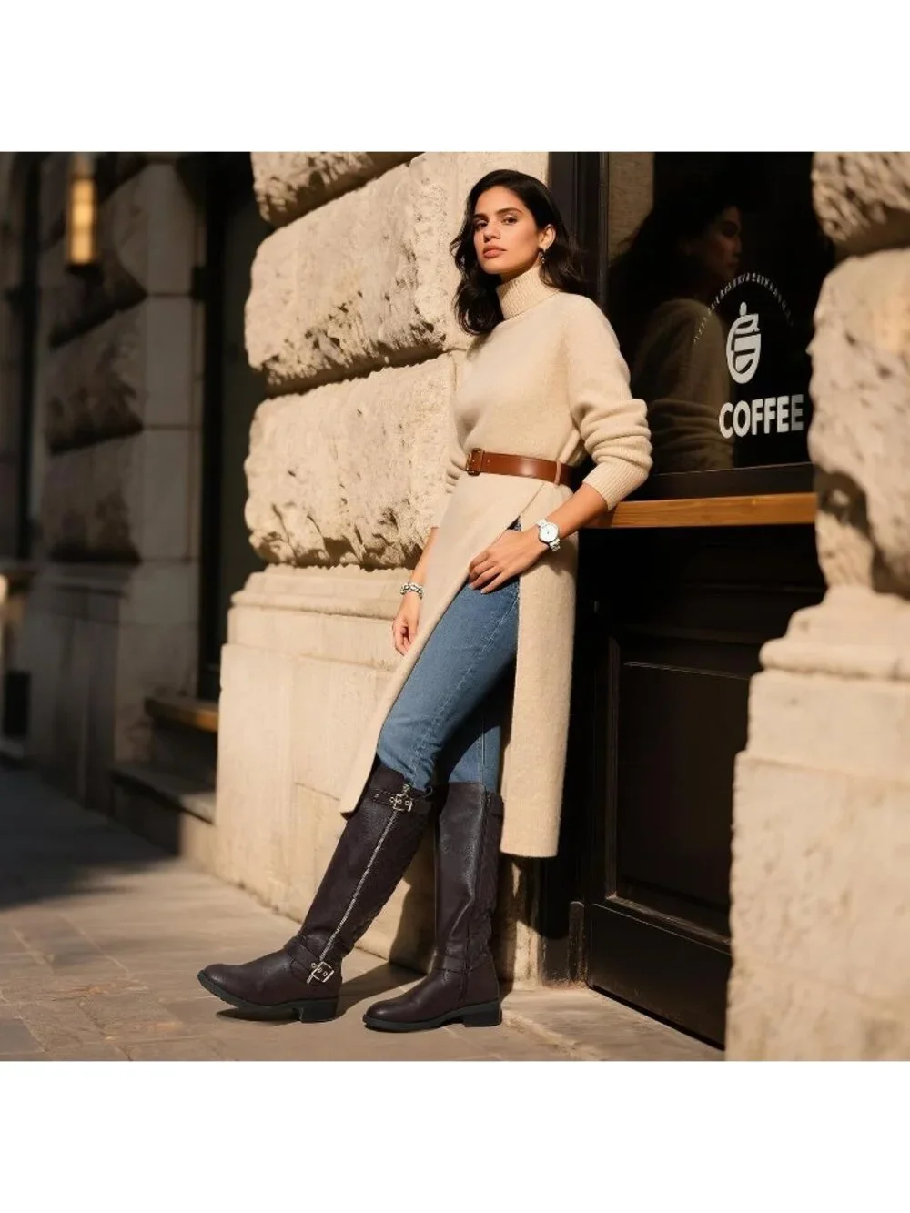 Women's Brown Comfortable Chunky Block Heel Round Toe Side Zipper Knee High Boot